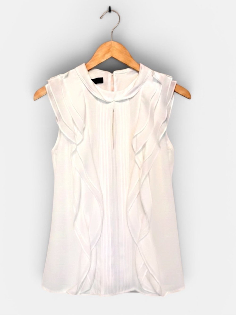 Laura Bernal Boutique White Ruffle-Trim Sleeveless Pintuck Blouse US Size XS